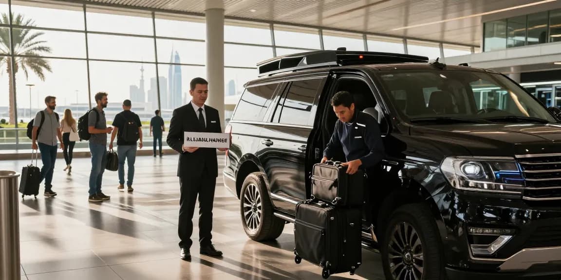 Airport Transfers Service Dubai experience with professional chauffeur greeting passengers at Dubai International Airport.