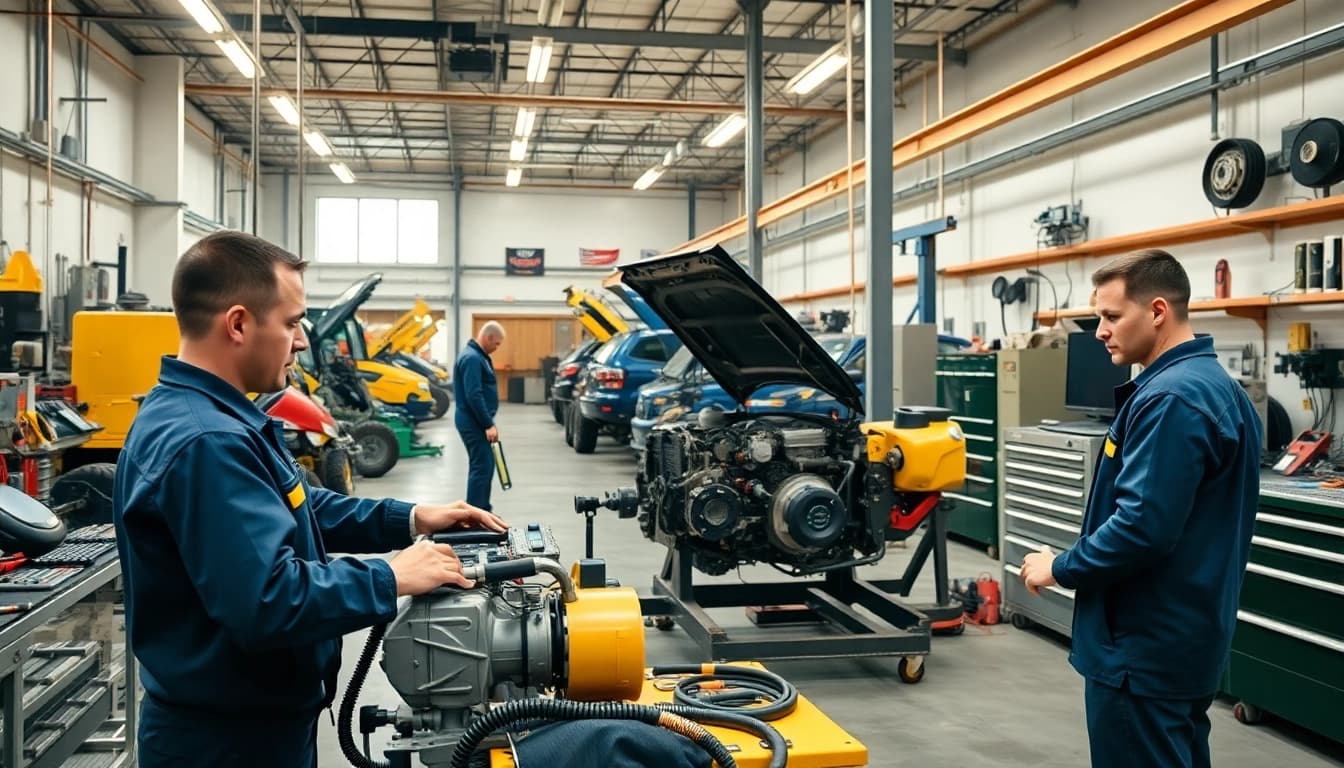 Mechanics conducting equipment service in a professional workshop with diagnostic tools.
