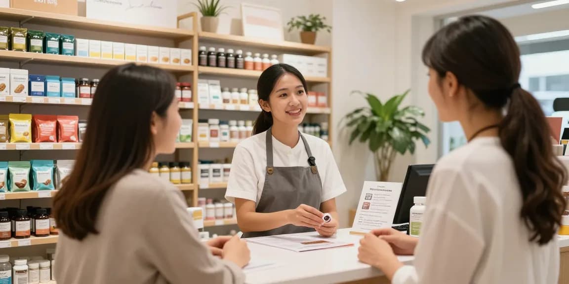 Kratom capsules displayed in a wellness shop with a customer consulting an expert on benefits.