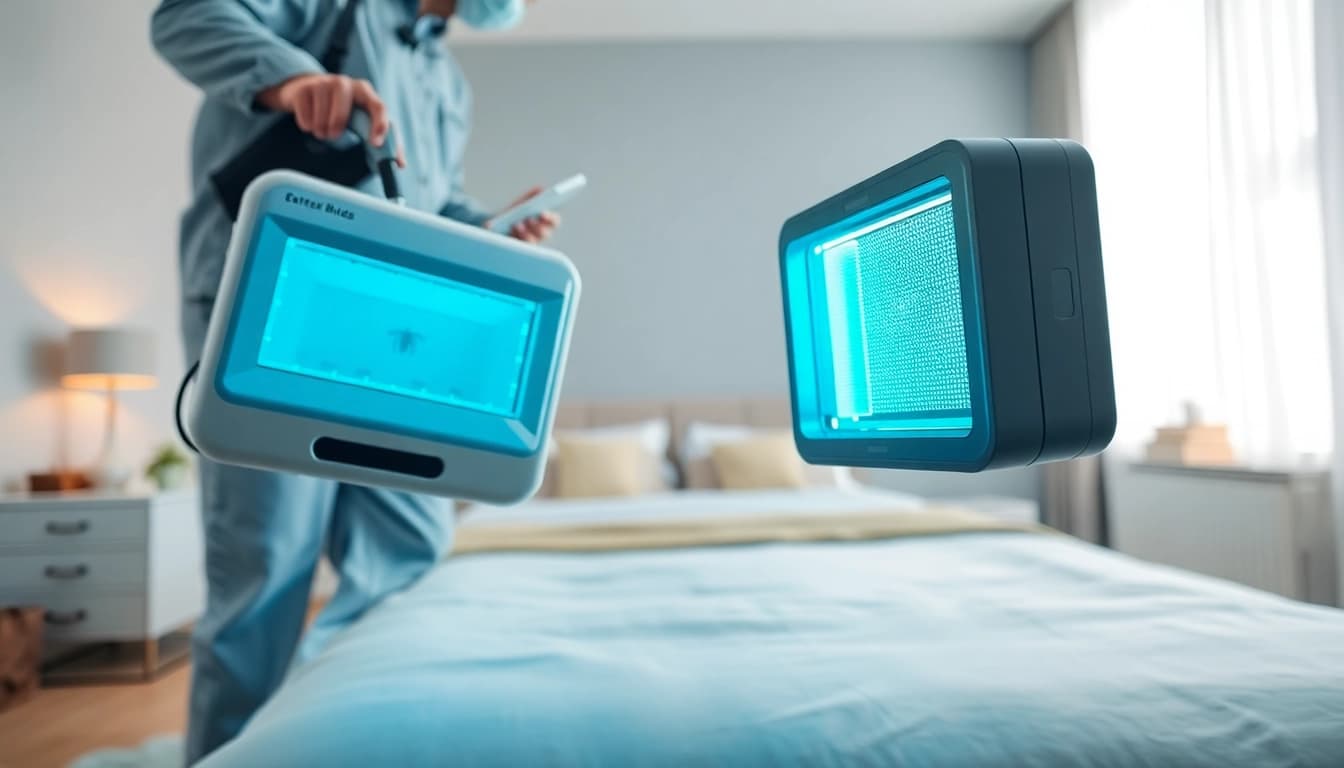 Conducting bed bug control in a clean bedroom featuring modern extermination techniques.