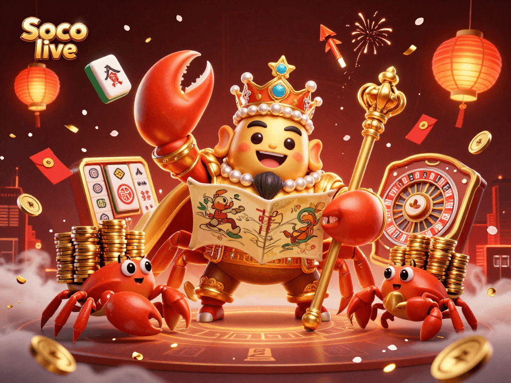 Soco live captures the excitement of casino gaming with a golden crab emperor scene featuring slots and vibrant decorations.