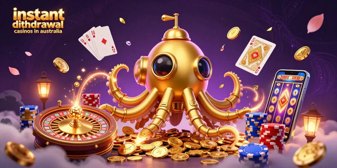 Experience fast payouts at instant withdrawal casinos in Australia with a vibrant 3D illustration of a kraken submarine.