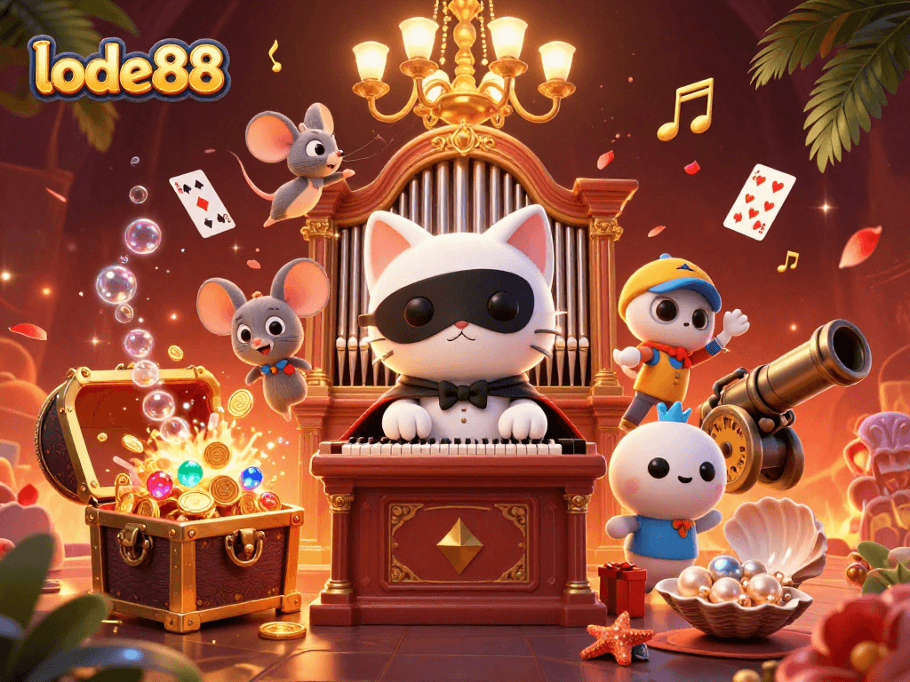 Engage with lode88 at a captivating casino scene featuring a mythical cat and playful elements.