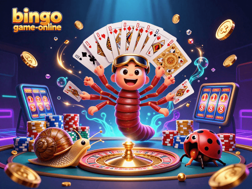Experience big wins with bingo-game-online in this brightly illustrated casino scene featuring vibrant characters and dynamic game elements.