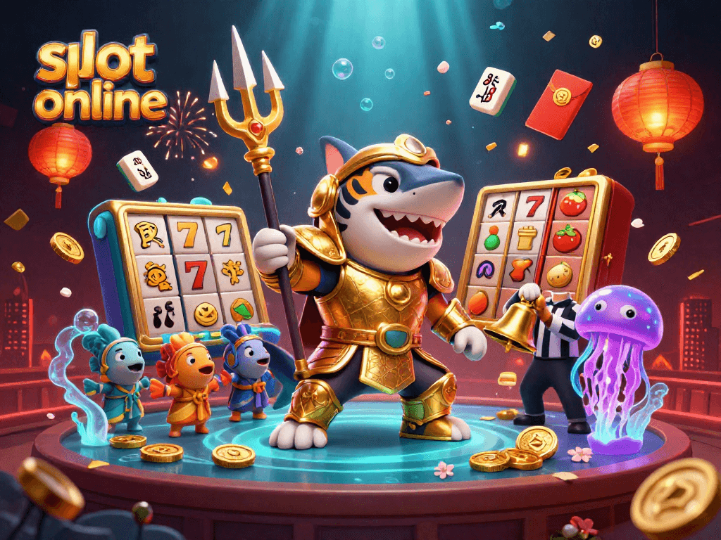Engage in thrilling slot online action with a tiger shark in gladiator armor amidst vibrant underwater gaming elements.
