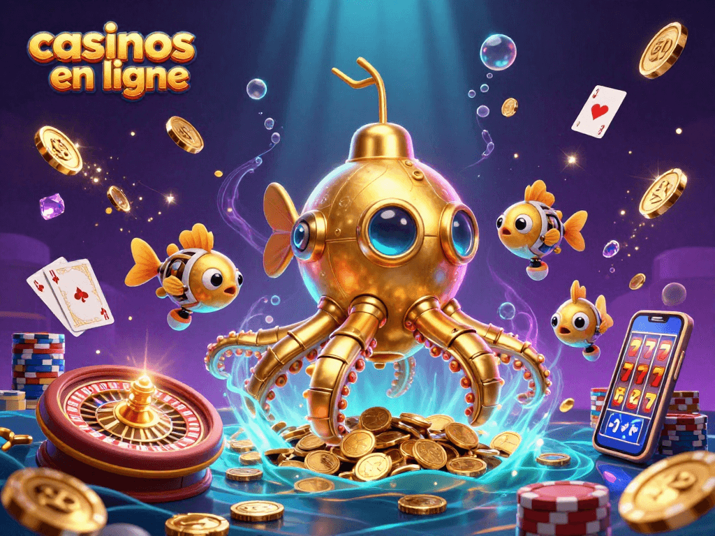 Jouez votre chance dans des casinos en ligne avec un kraken sous-marin doré et des poissons mécaniques, entourés de pièces et de cartes.