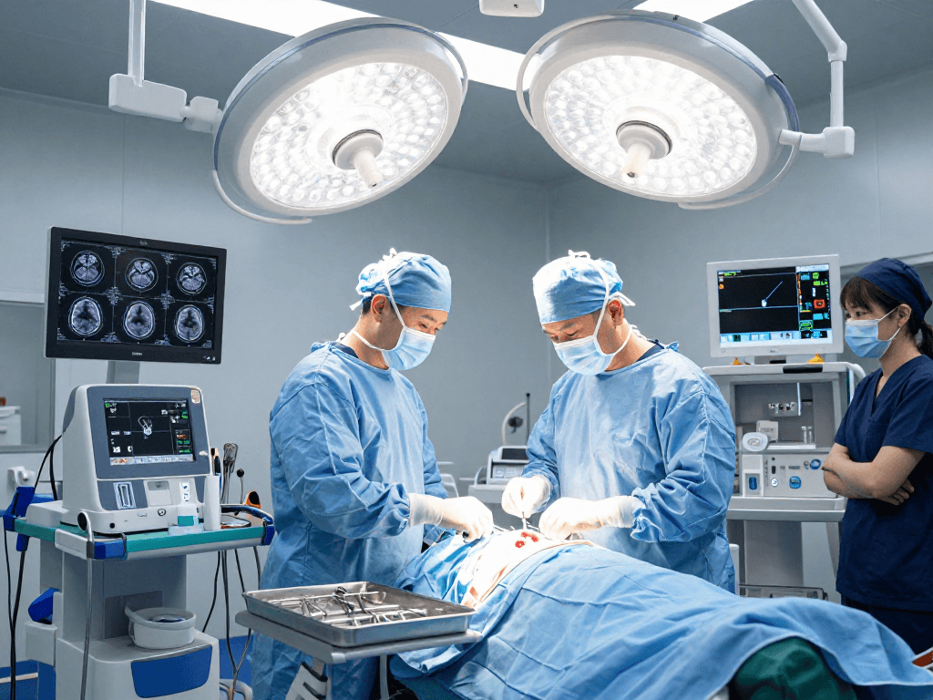 Beyin tümörü ameliyatı in a modern surgery room with a neurosurgeon and advanced equipment.