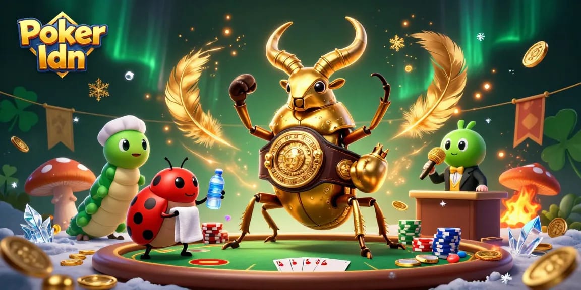 Engage with Poker Idn through a dynamic scene of a golden stag beetle in a boxing match with poker elements.