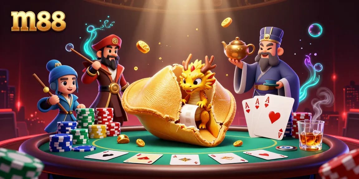 Engage in thrilling gameplay at m88 with giant fortune cookie, poker elements, and rich casino vibes.