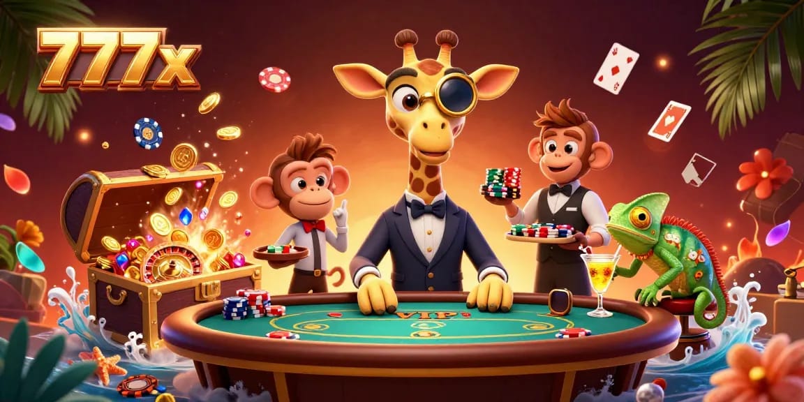 Experience the vibrant casino atmosphere with 777x, featuring a high-roller giraffe and colorful game elements.