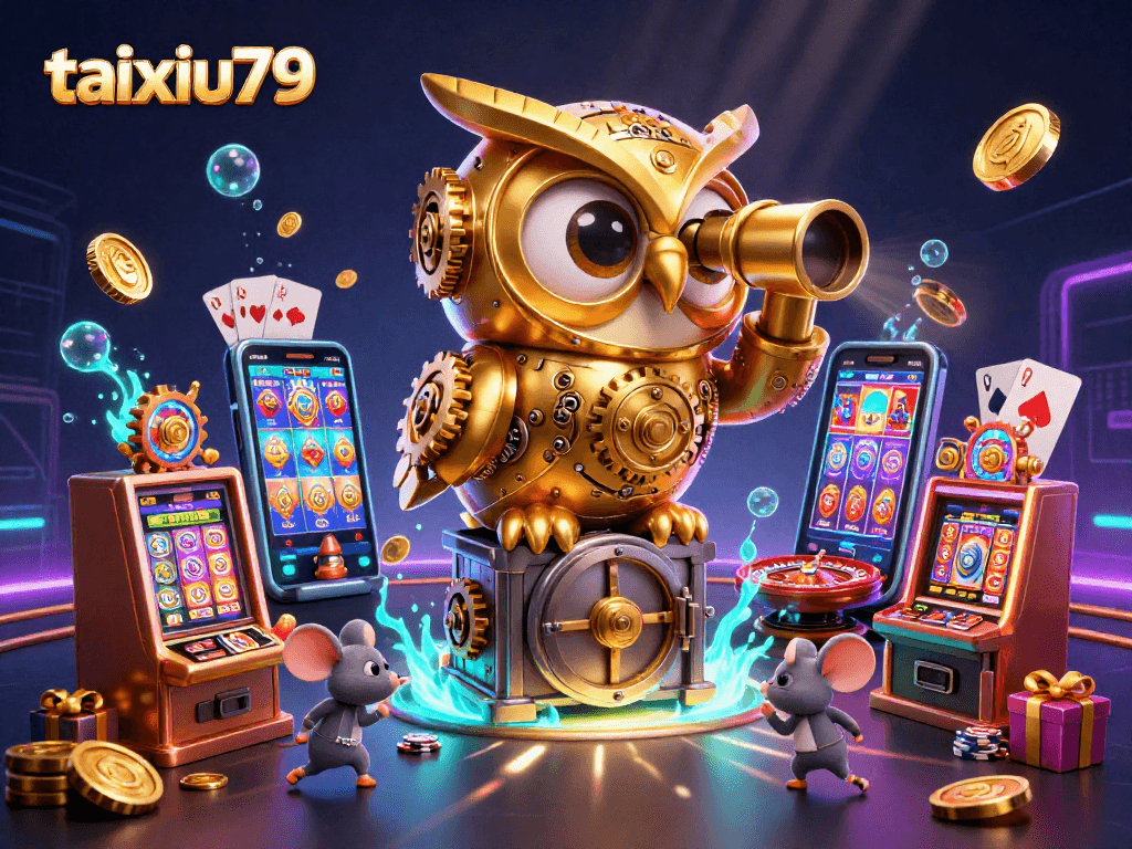 Engage with taixiu79 illustrated by a clockwork owl observing a vibrant casino with slot games and gold coins.
