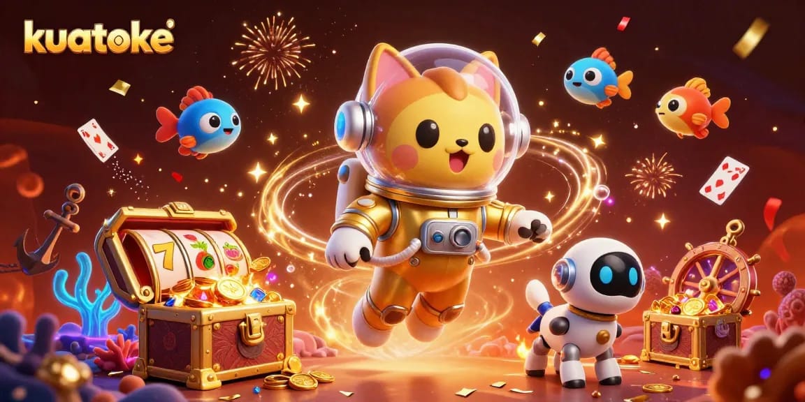 Kuatoke offers thrilling gameplay with golden slot reels amidst a cosmic celebration scene.