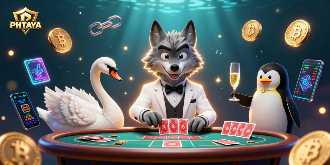 PHTAYA players enjoying a thrilling baccarat game with animated characters while blockchain elements light up the scene.