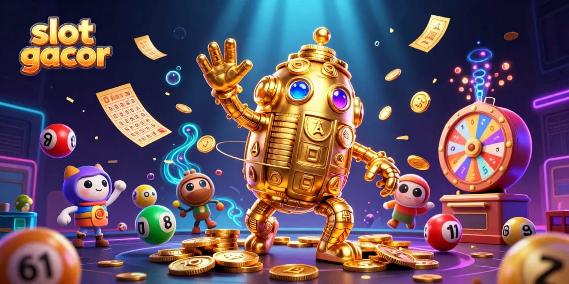 Engage with slot gacor immersive scene featuring a golden golem surrounded by dynamic gaming elements.