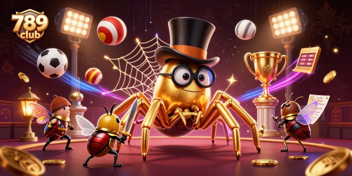 Engage with 789 club's vibrant casino scene featuring a golden tarantula and excited players.