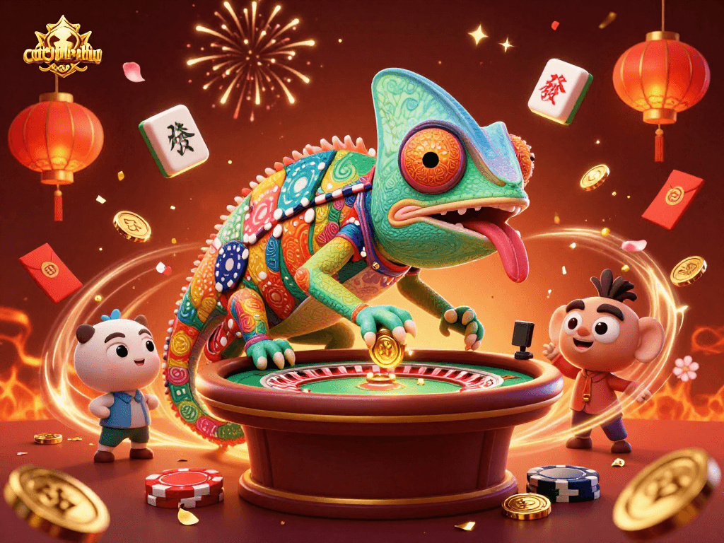 Cotyphu-nohu unleashes a vibrant casino scene with a colorful chameleon owner and floating mahjong tiles.