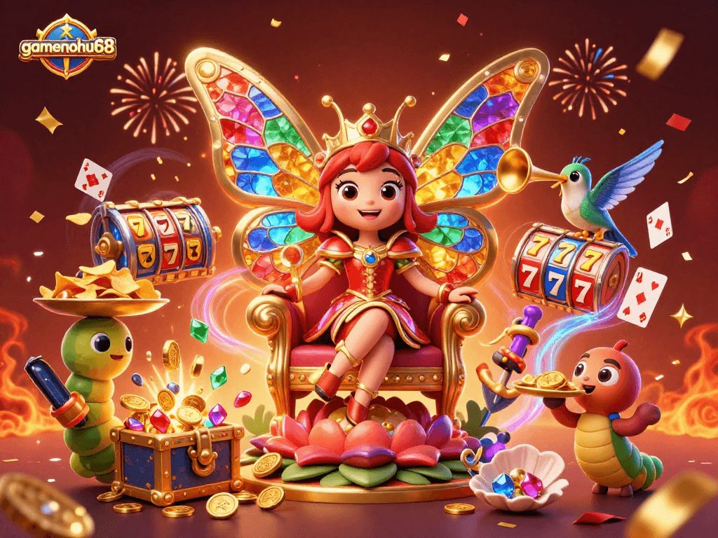 Experience the vibrant energy of gamenohu68 with a dynamic casino-themed illustration featuring a butterfly queen and slot elements.