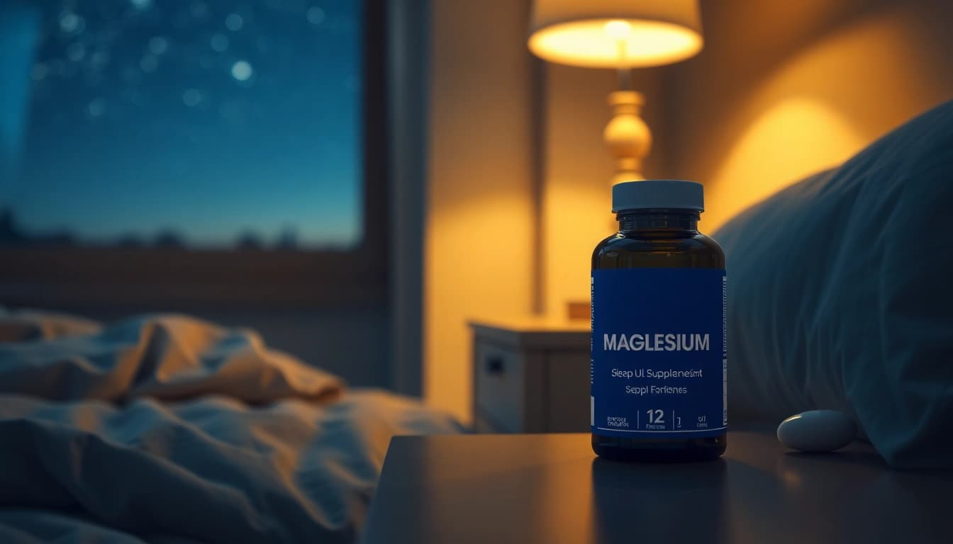 Visual representation of does magnesium help you sleep with calming supplements on a bedside table.
