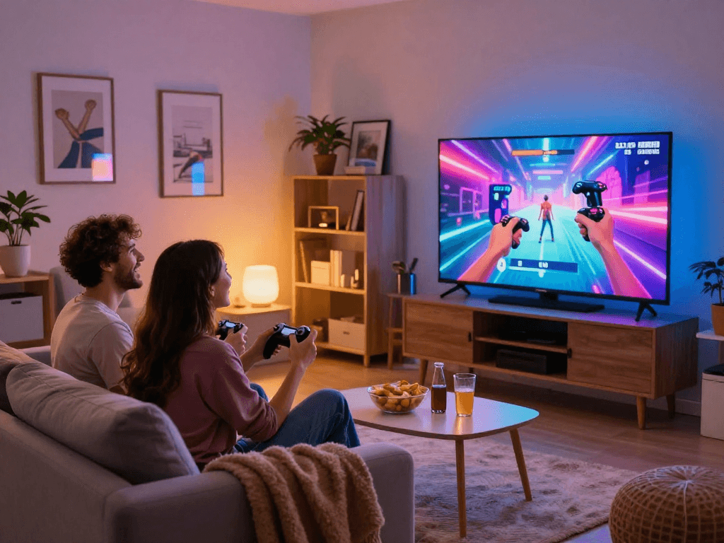Couple enjoying sex games together in a cozy living room setting.