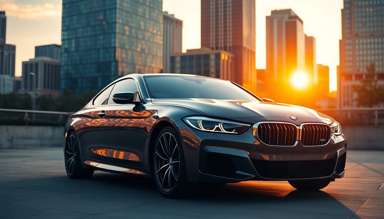 Luxury BMW car showcasing its elegance in a vibrant urban setting.