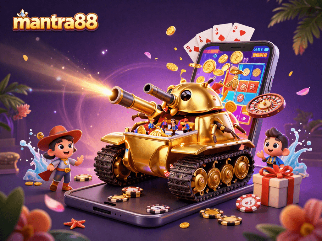 Play exciting games on mantra88 with a vibrant casino scene filled with golden treasures.