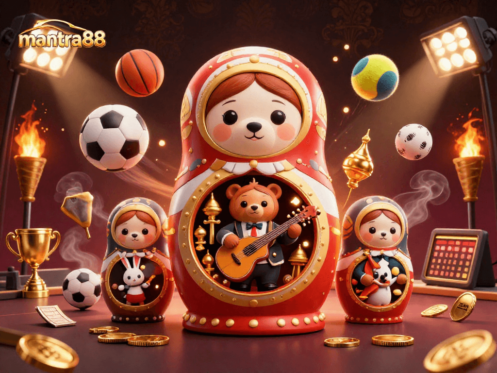 Engage in mantra88 vibes with a vibrant casino scene featuring dynamic sports elements and cheerful characters.