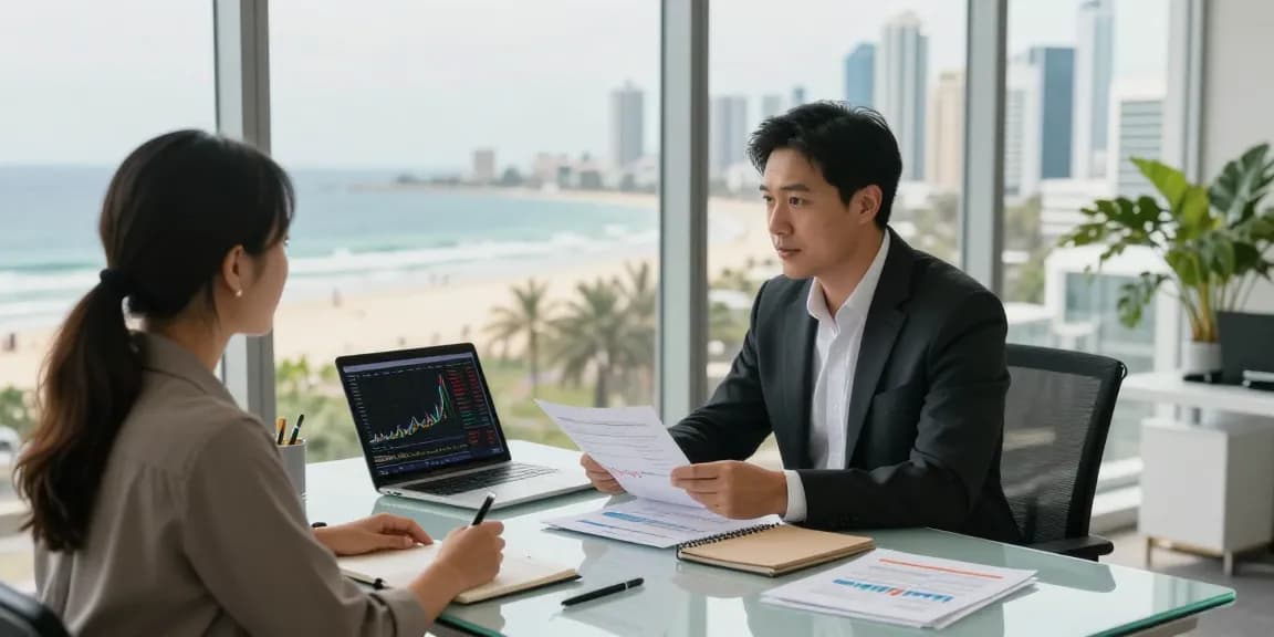 Financial Advice Gold Coast consultation scene with advisor and couple discussing investment plans.