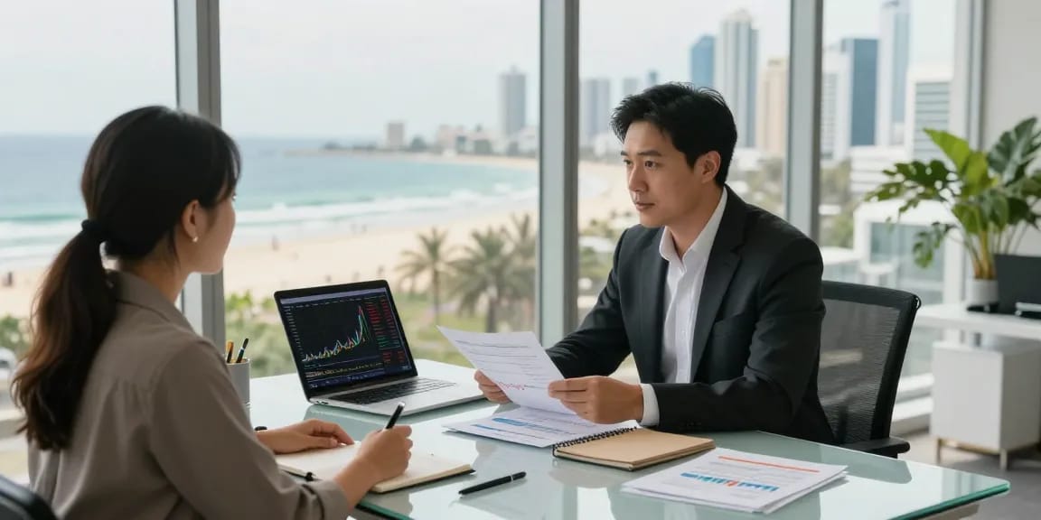 Financial Advice Gold Coast consultation scene with advisor and couple discussing investment plans.
