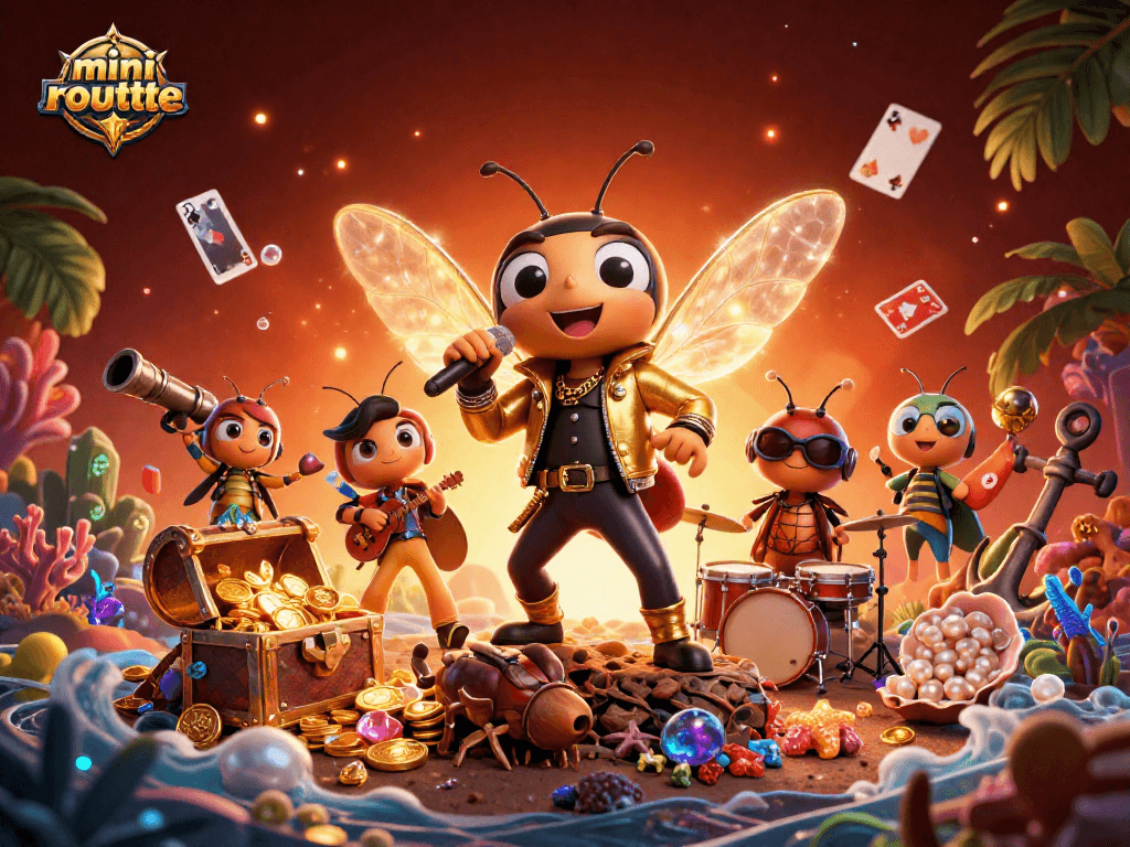 Engage with mini-roulette energy through vibrant characters and underwater treasures in a dynamic casino scene.