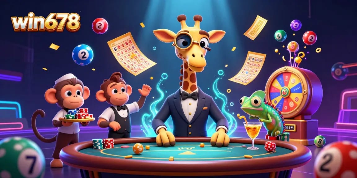 Win678 casino illustration featuring a high-roller giraffe and a monkey valet amidst lottery balls and vibrant casino games