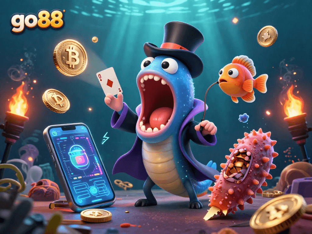 Experience the magic of go88 with a vibrant underwater casino scene showcasing crypto themes and playful sea creatures.