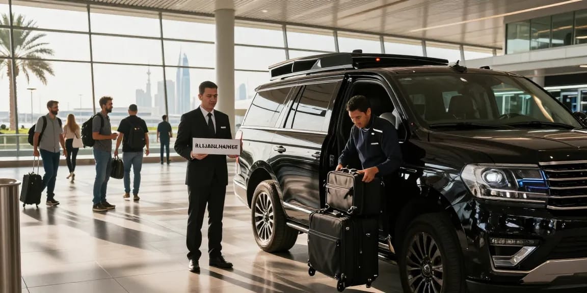 Airport Transfers Service Dubai experience with professional chauffeur greeting passengers at Dubai International Airport.