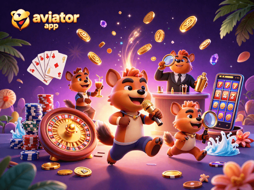 Aviator app showcasing lively hyenas in a casino scene mixing drinks and checking IDs amidst sparkling gems and coins.