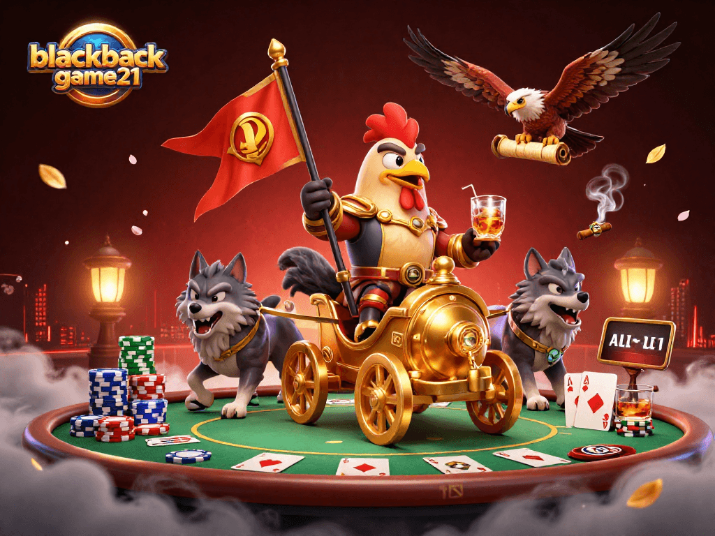 Win at blackjack-game21 with an epic 3D scene featuring a rooster warlord and poker elements.
