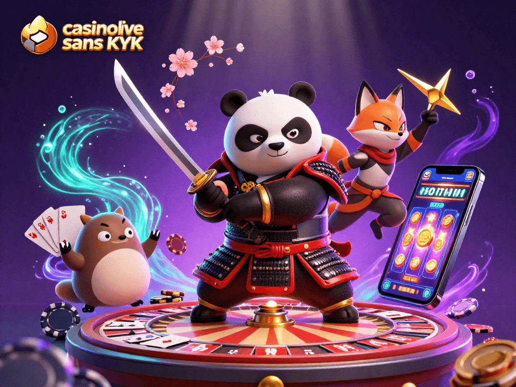Profitez de jeux captivants dans un casino live sans KYC avec cette illustration dynamique remplie d'éléments de jeu.
