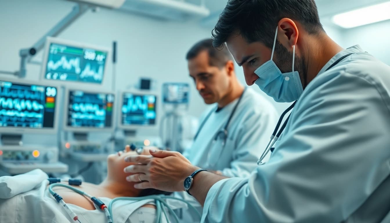 Medical staff providing urgent care in an Intensive Care Unit (ICU) with advanced monitoring technology.