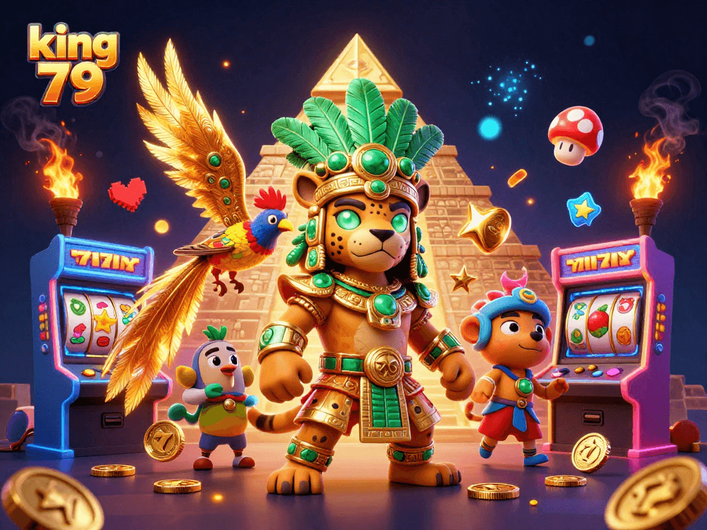 Experience king 79's dynamic slots world with vibrant 3D artwork of a Mayan priest and rich symbols.
