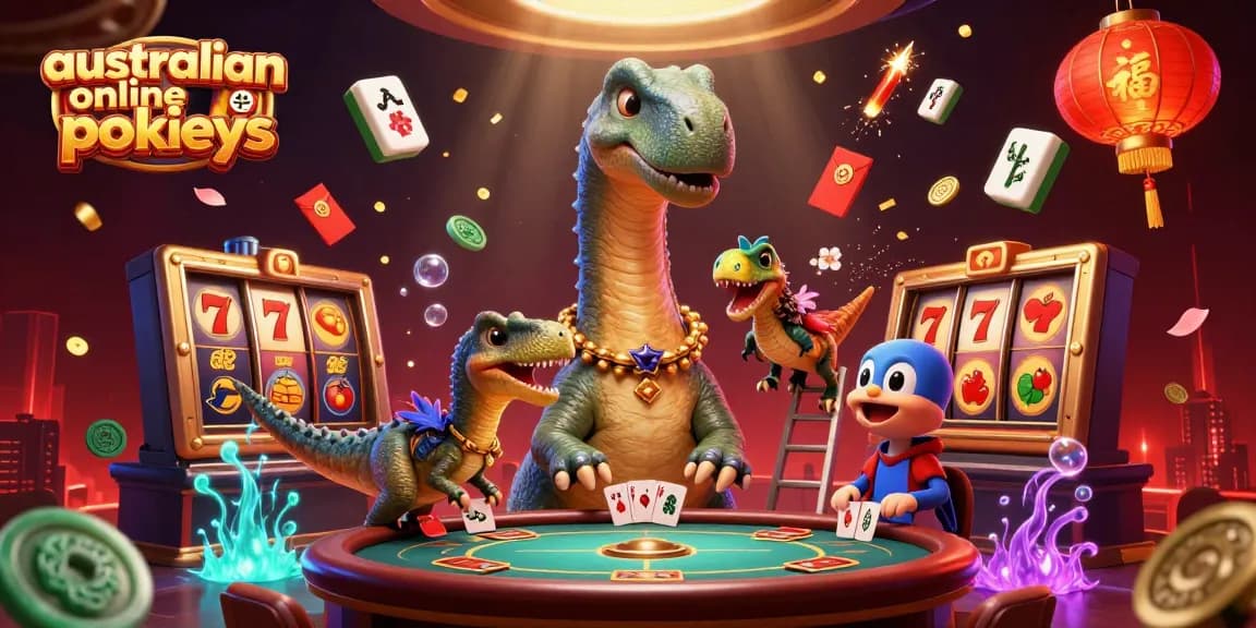 Experience thrilling australian online pokies with a vibrant 3D casino scene featuring unique characters.