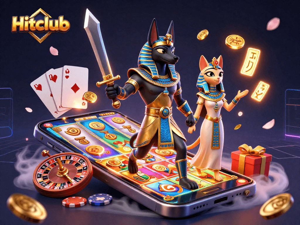 Engage with Hitclub's vibrant 3D casino illustration showcasing Anubis with dynamic slot game elements.