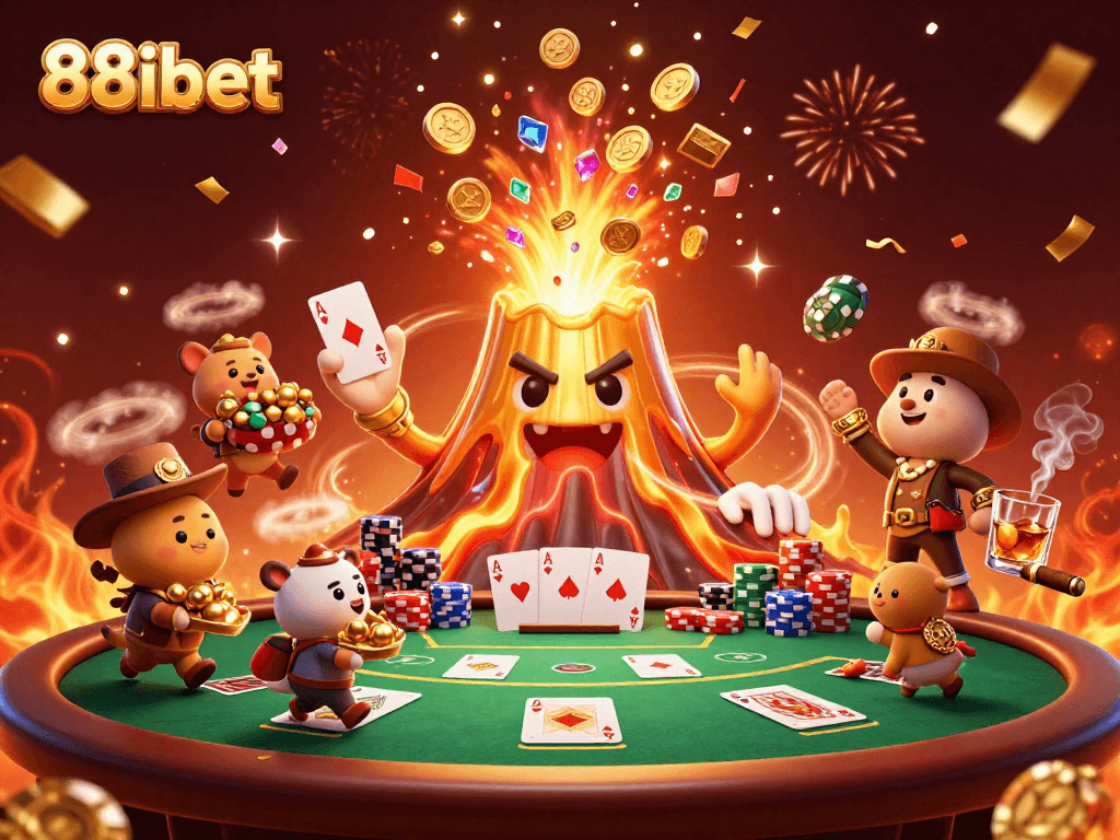 Experience thrilling treasures with 88ibet's golden volcano erupting coins and vibrant poker elements.