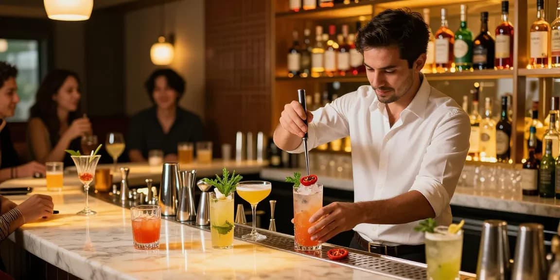 Experience the best chuflay cocktail near me in a vibrant cocktail bar with a skilled bartender mixing drinks.