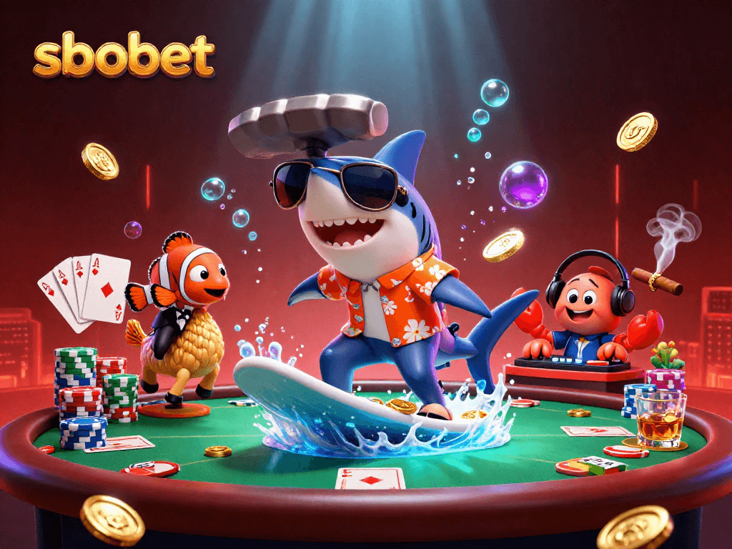 Bet on sbobet sports with dynamic illustration of shark surfing coins and vibrant casino elements.
