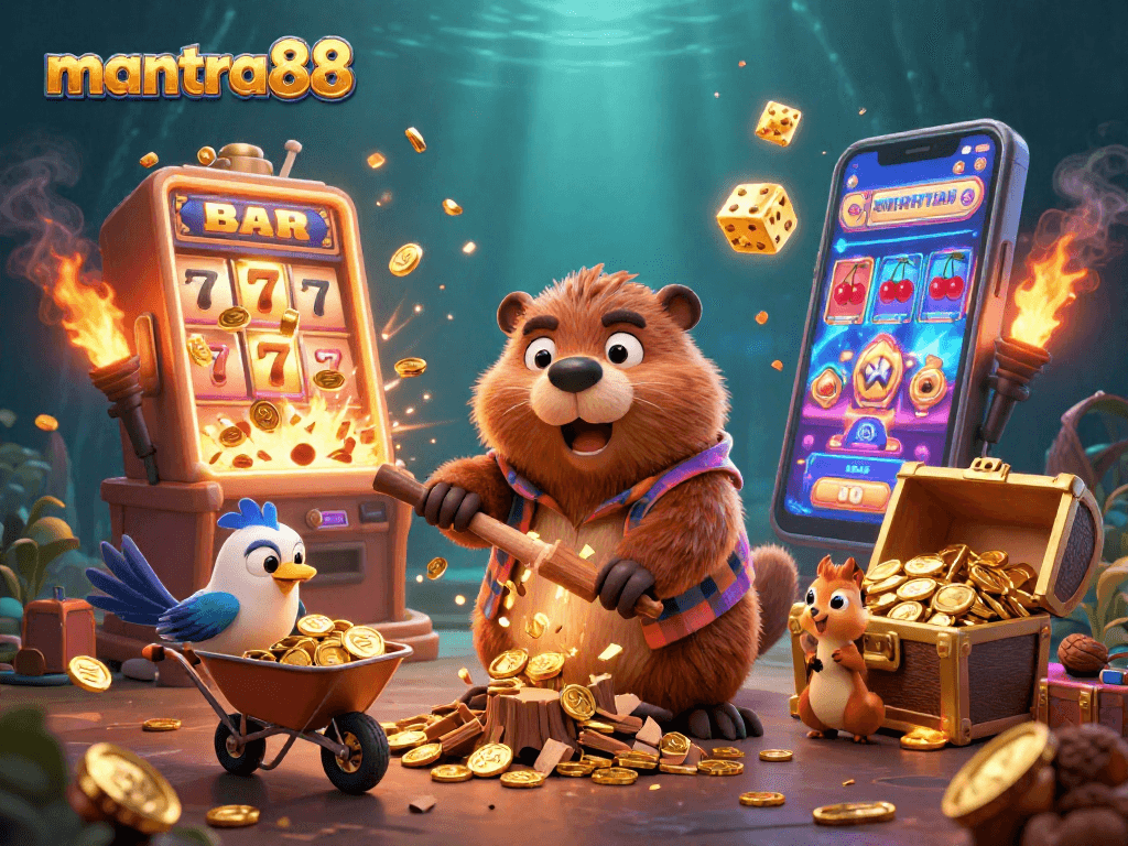 Engage with mantra88 for an exciting casino adventure as cartoon characters collect coins and showcase gaming elements.