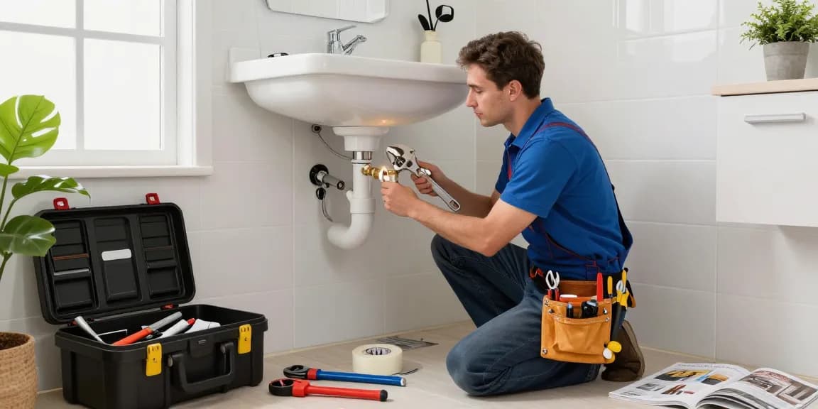 Plumber fixing sink pipes in modern bathroom while providing trusted plumbing services. Read more here for expert tips.