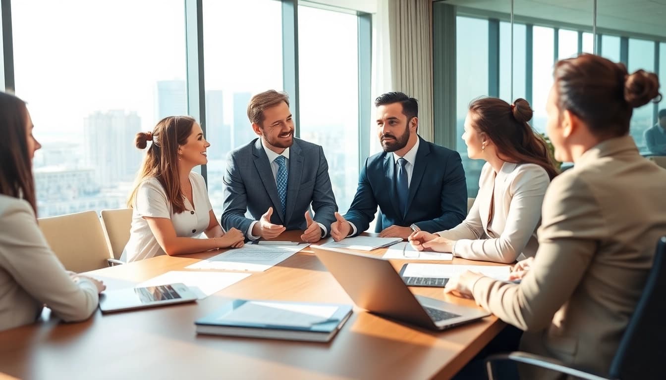 Engaging scene of escrow services discussion with a financial advisor and clients in a modern office.
