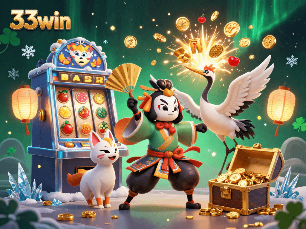 Win big with colorful 33win slot machines and mystical characters in a vibrant casino scene.