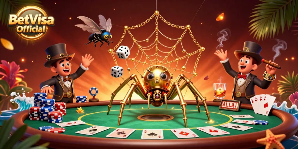 BetVisa Official showcases a vibrant, detailed steampunk casino scene with a golden spider and amused fly, capturing the thrill of poker.