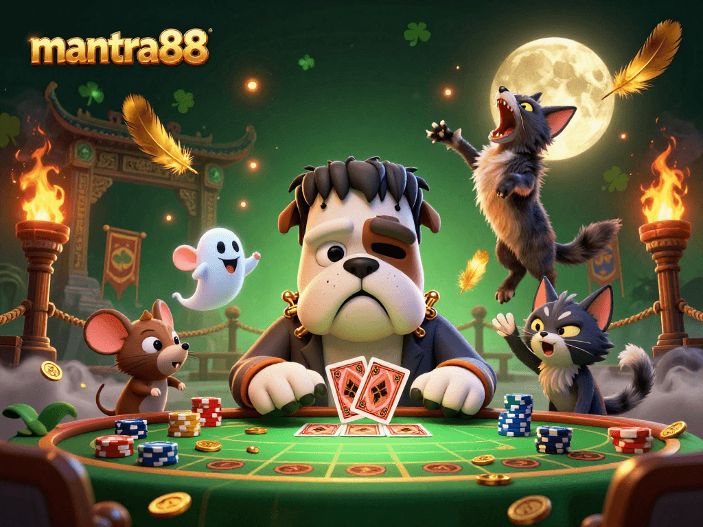 Engage in gaming excitement at mantra88 with a 3D cartoon scene showcasing a bulldog dealer, ghost mouse, and kitten, rich with casino elements.