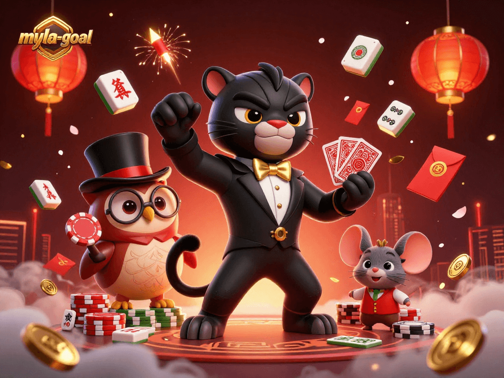 Engage in myla-goal's exciting world with a stylish black panther dealer and charming casino elements.