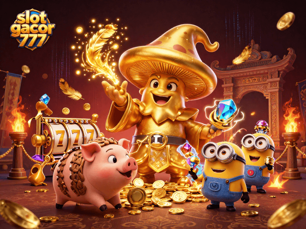 Experience slot gacor 777 with an enchanting scene of a golden wizard and treasure.